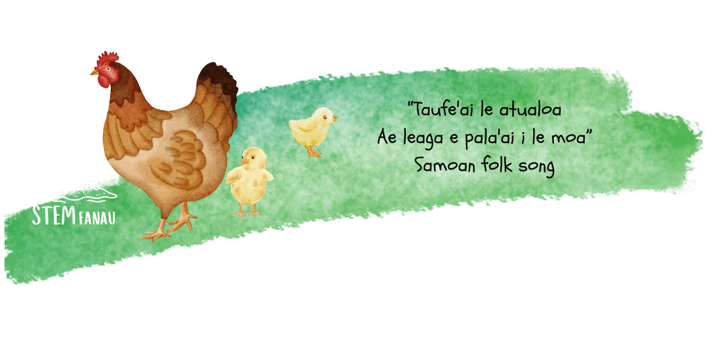 Banner with a watercolour-style mother hen and two yellow chicks on a bright green painted background. The text reads, “Taufe'ai le atualoa, ae leaga e pala'ai i le moa” (Samoan for "The centipede bites, but is afraid of the chicken").
